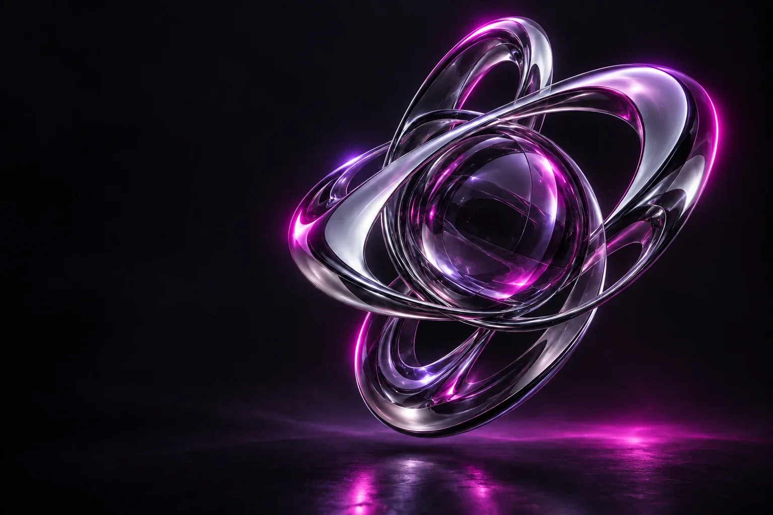Orbite metalice abstracte iluminate în mov și fucsia